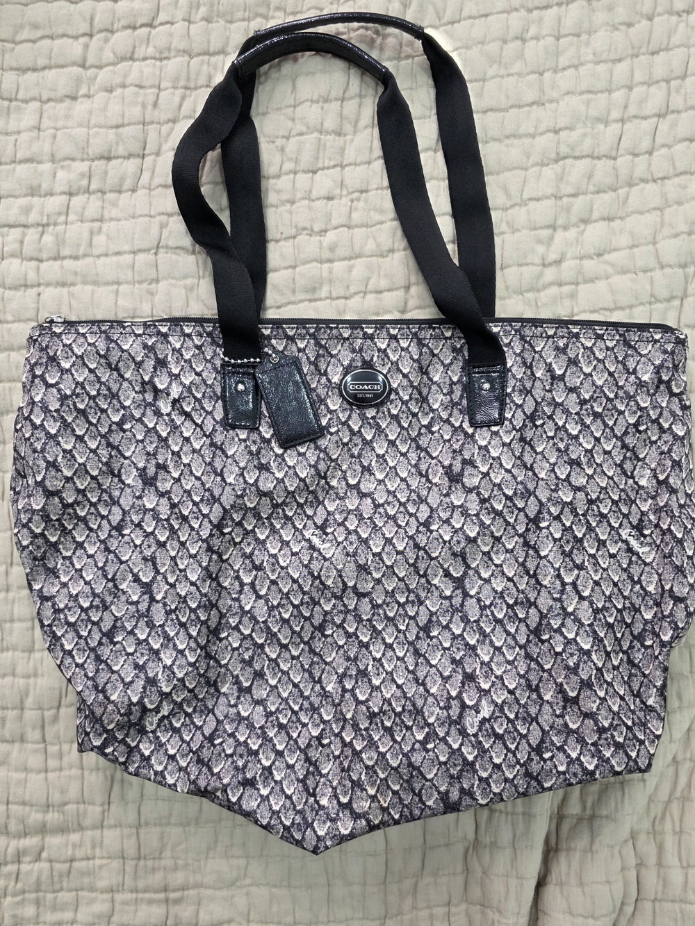 Coach Women's Snake-Print Tote Bag in Black and Cream Tone